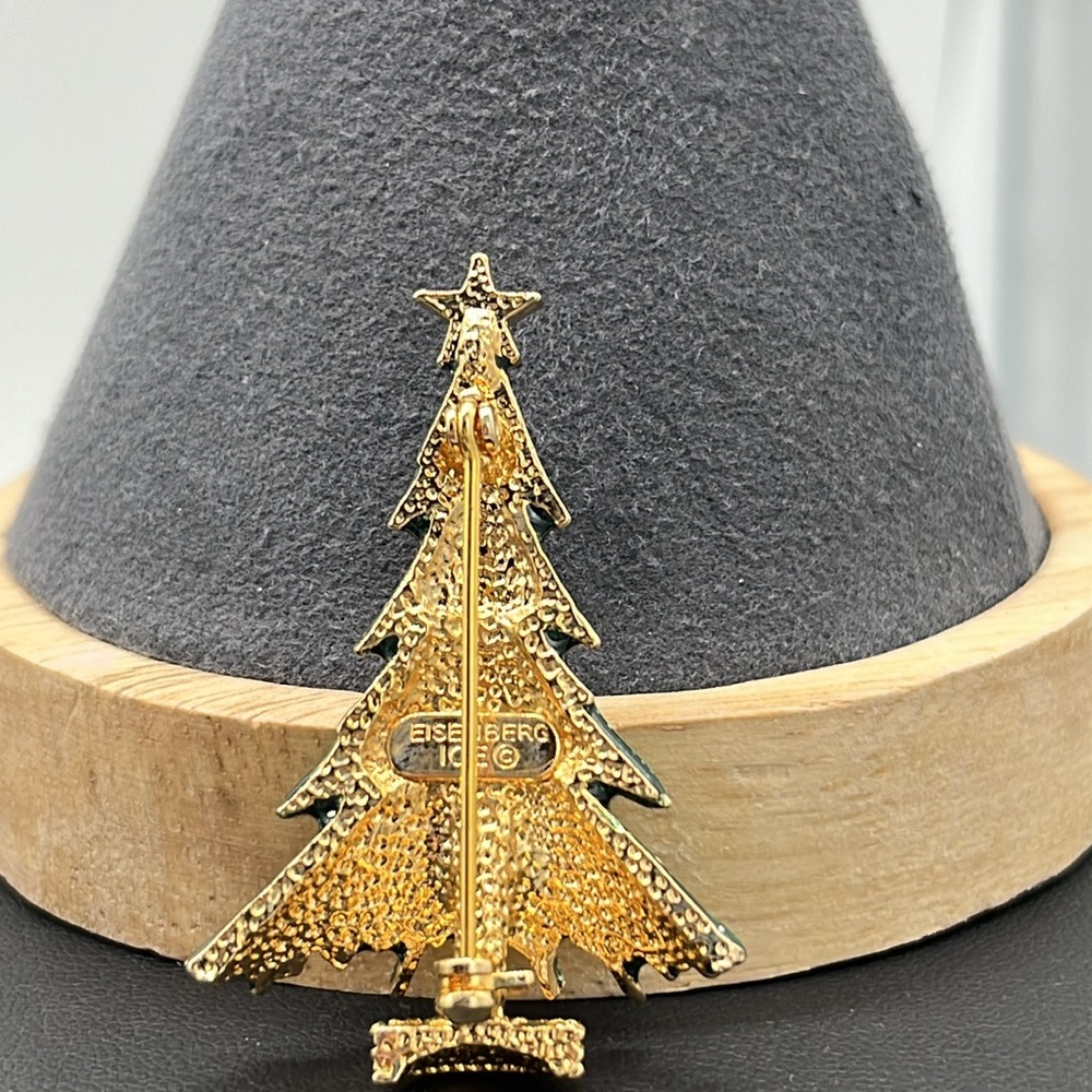 Vintage Eisenberg ice rhinestone green enamel gold tone Christmas tree brooch - Picture 2 of 10
